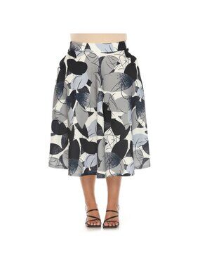 White Mark Plus Size 3X Leaf Print Vintage Flared Midi Skirt Polyester Gray $70